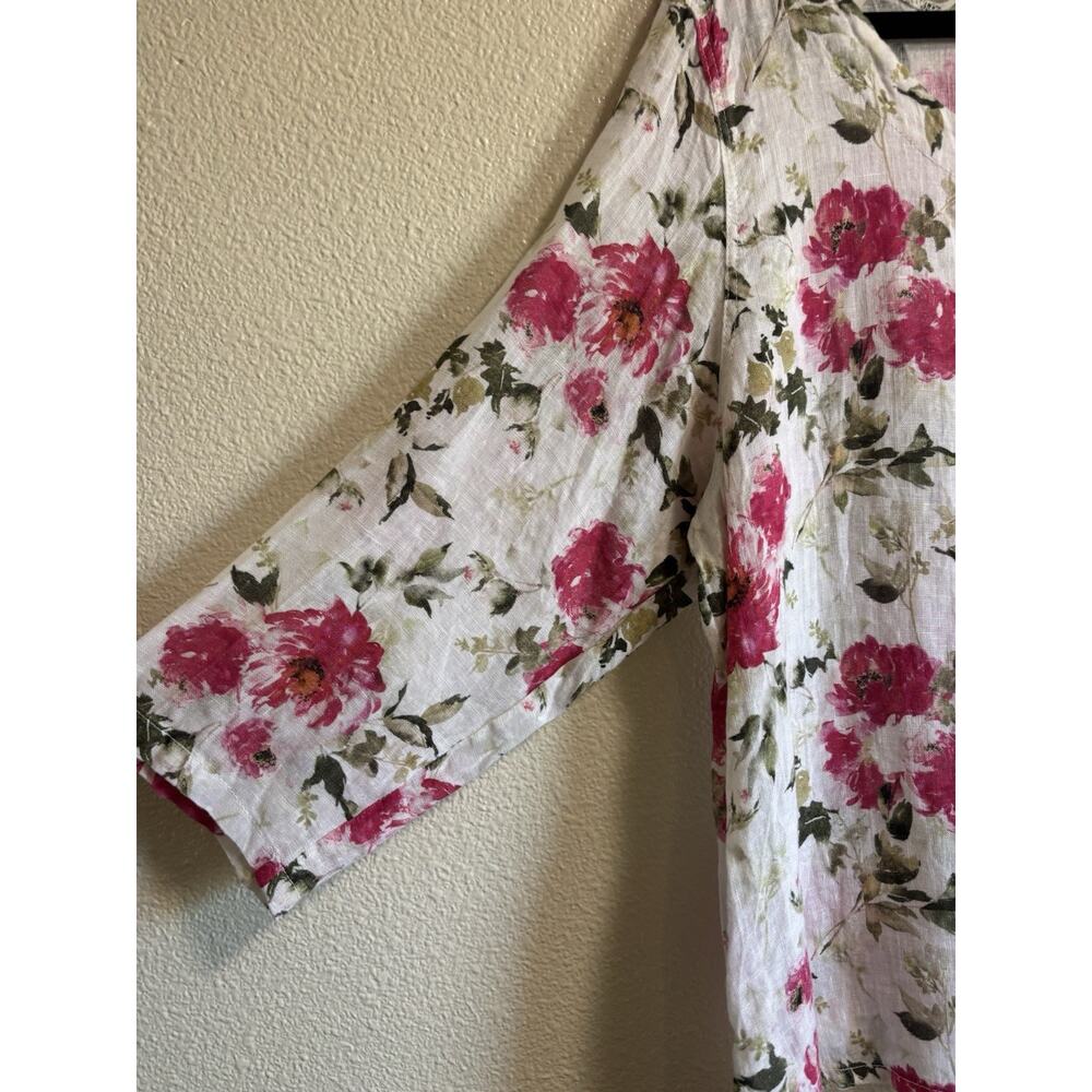 Inizio Made In Italy 100% Linen Blouse Pink Floral Lagenlook Resort Wear Size L - Picture 4 of 8
